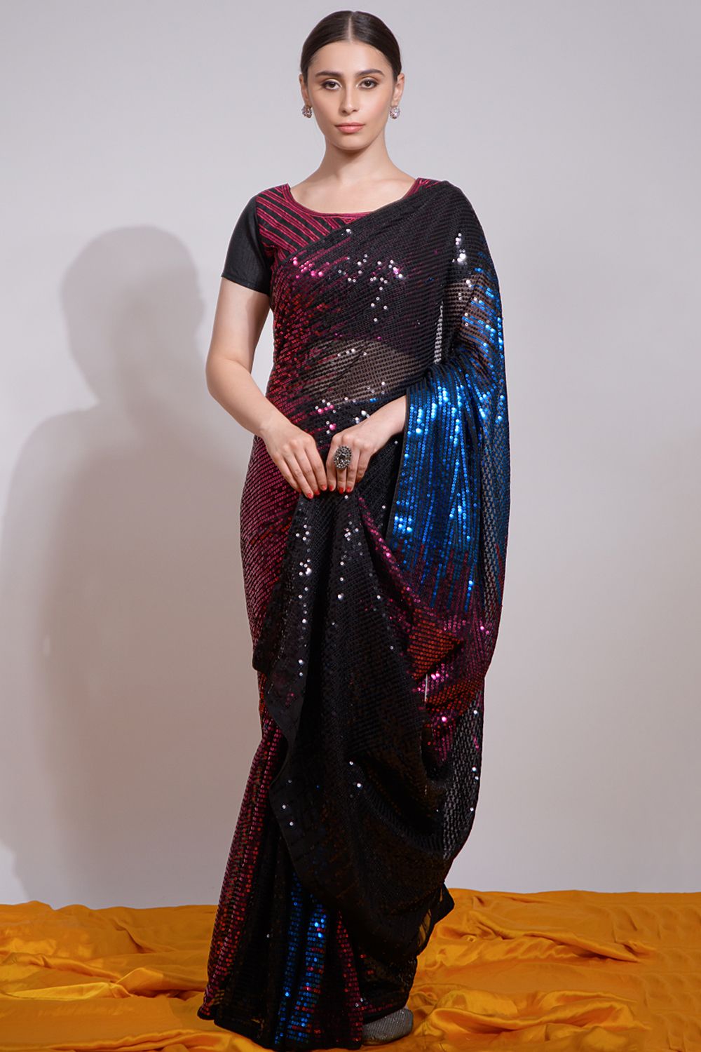 Black Multi Color Sequins Embroidered Georgette Party Wear Saree