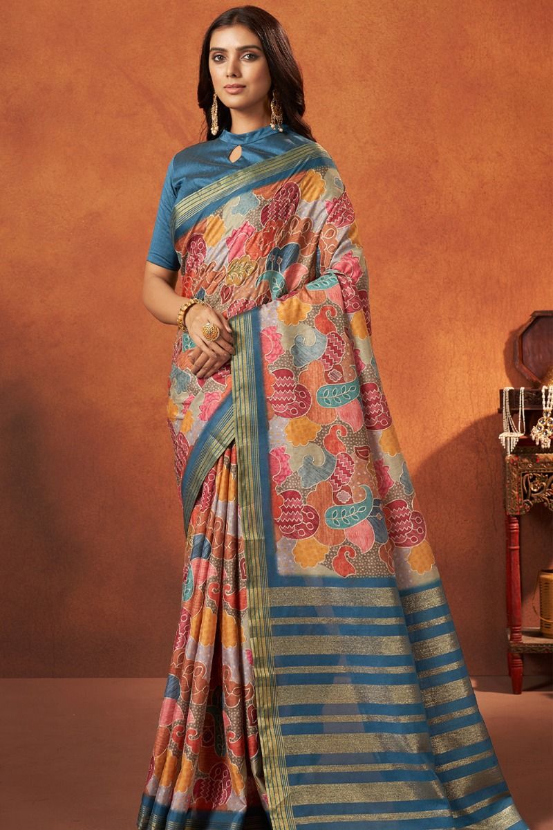 Blue Multicolor Crepe Silk Saree