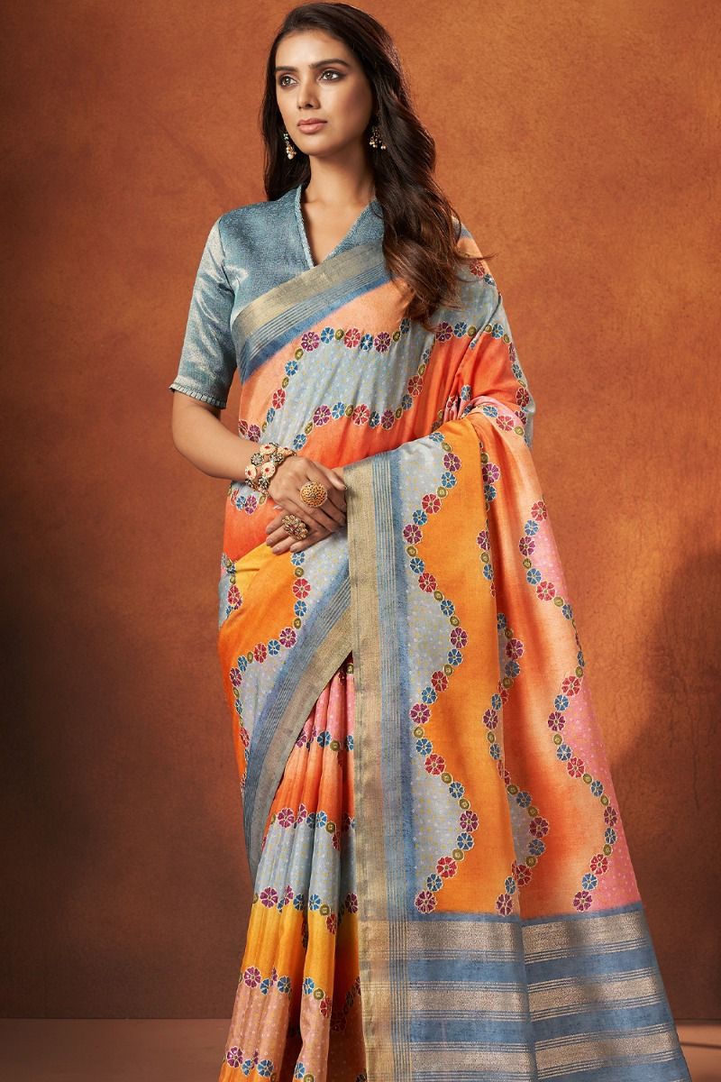 Grey Multicolor Crepe Silk Saree