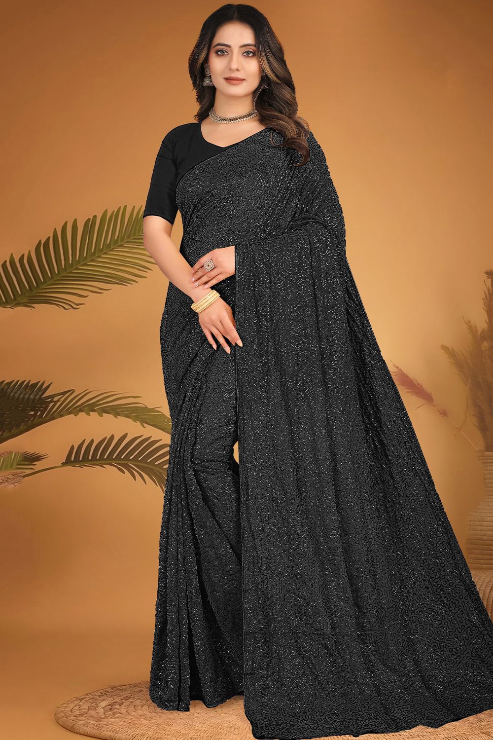 Black Embroidered Georgette Partywear Saree