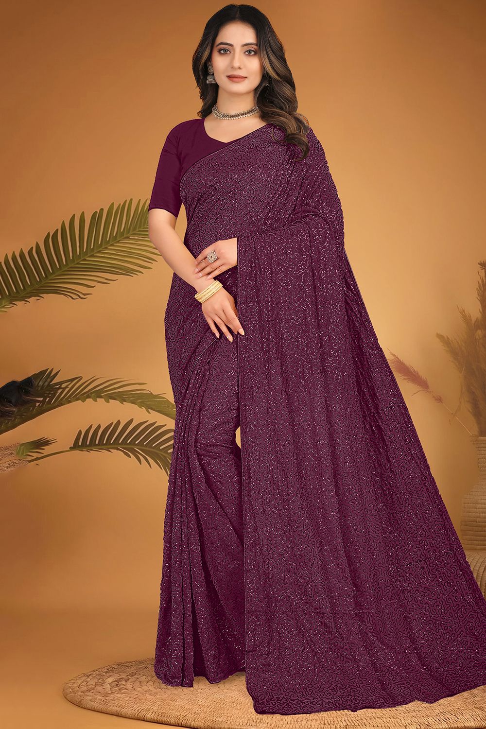 Magenta Embroidered Georgette Partywear Saree