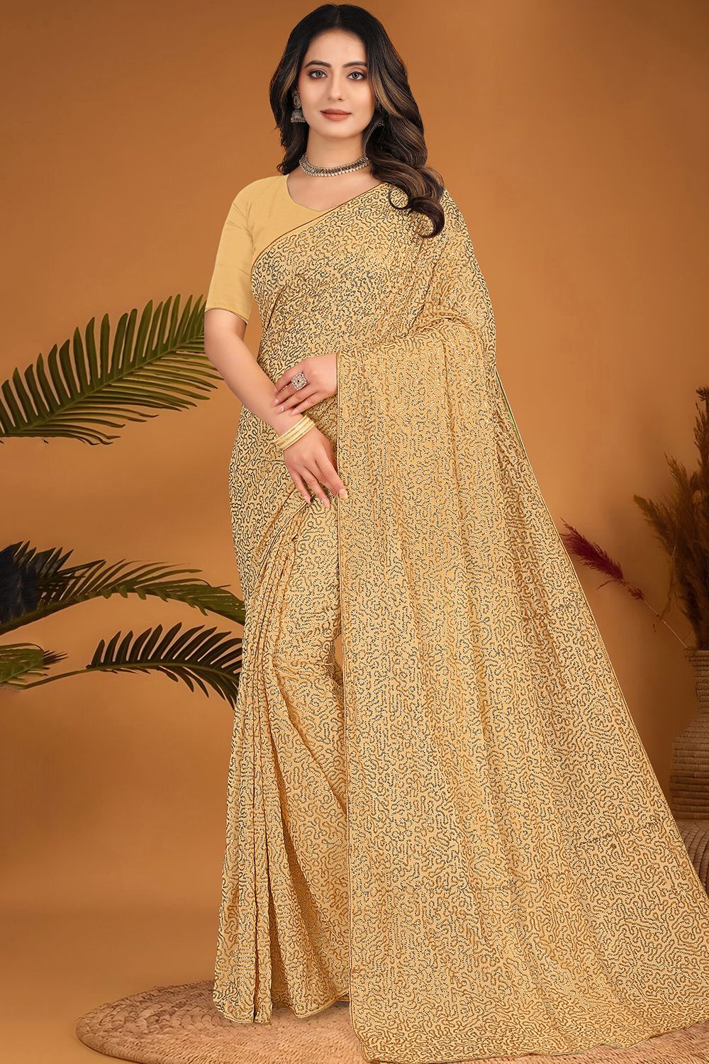 Light Gold Embroidered Georgette Partywear Saree