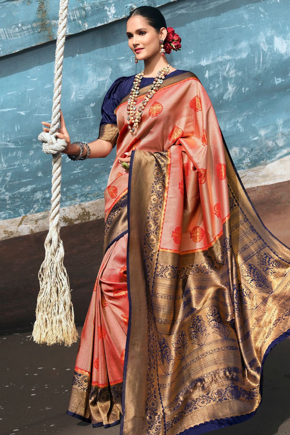 Brick Red Woven Silk Saree