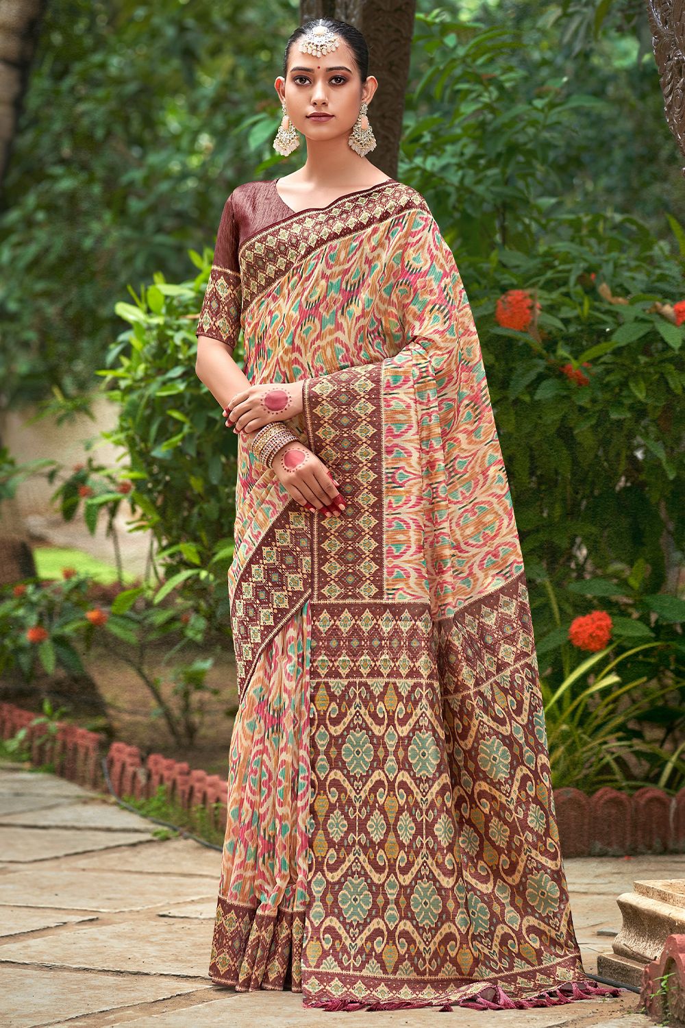 Brown Printed Organza Silk Saree