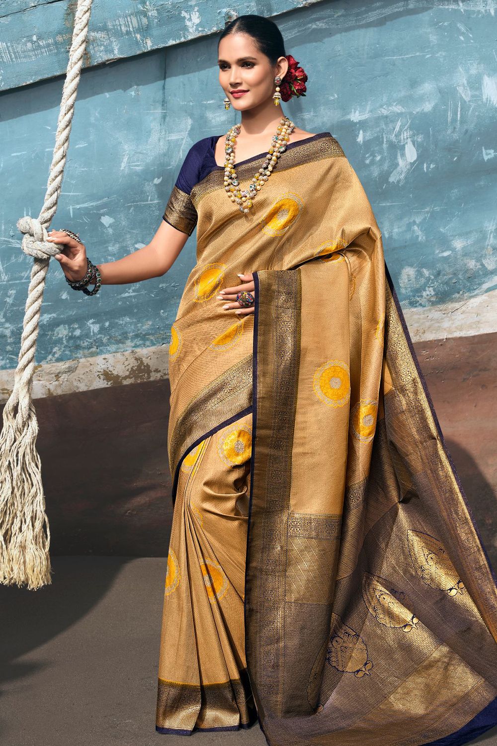 Dark Beige Woven Silk Saree With Blue Border
