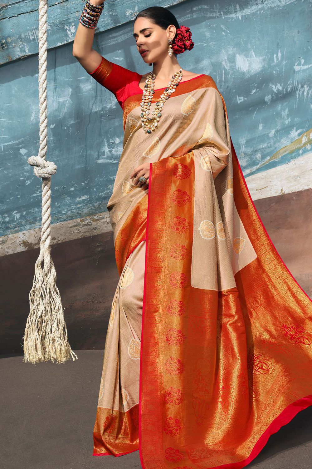 Sand Beige Woven Silk Saree With Red Border