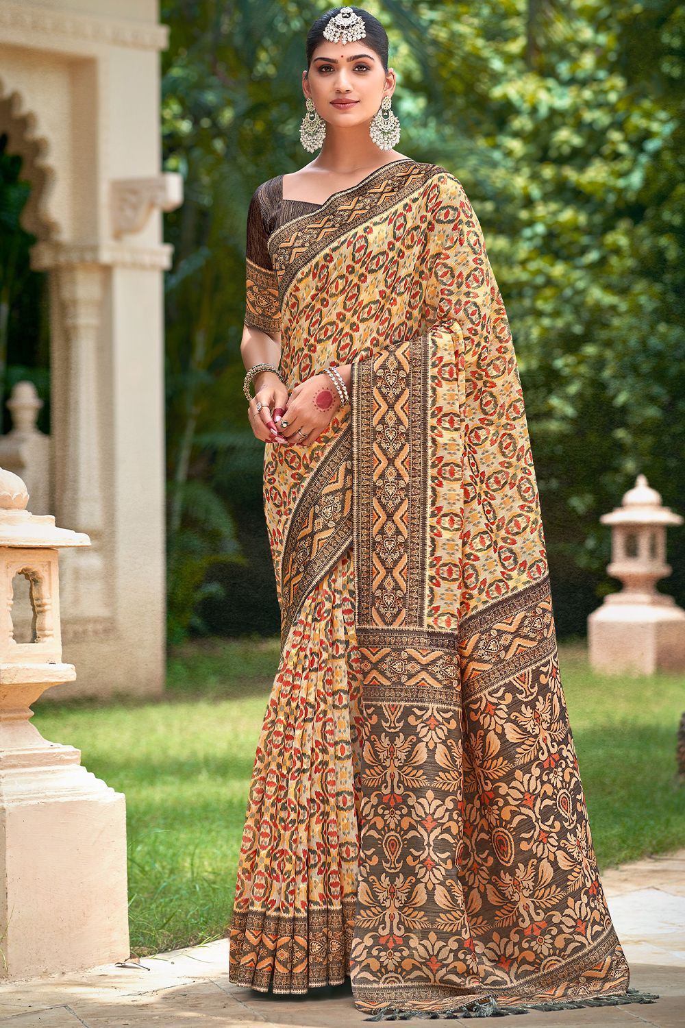 Dark Brown Printed Organza Silk Saree