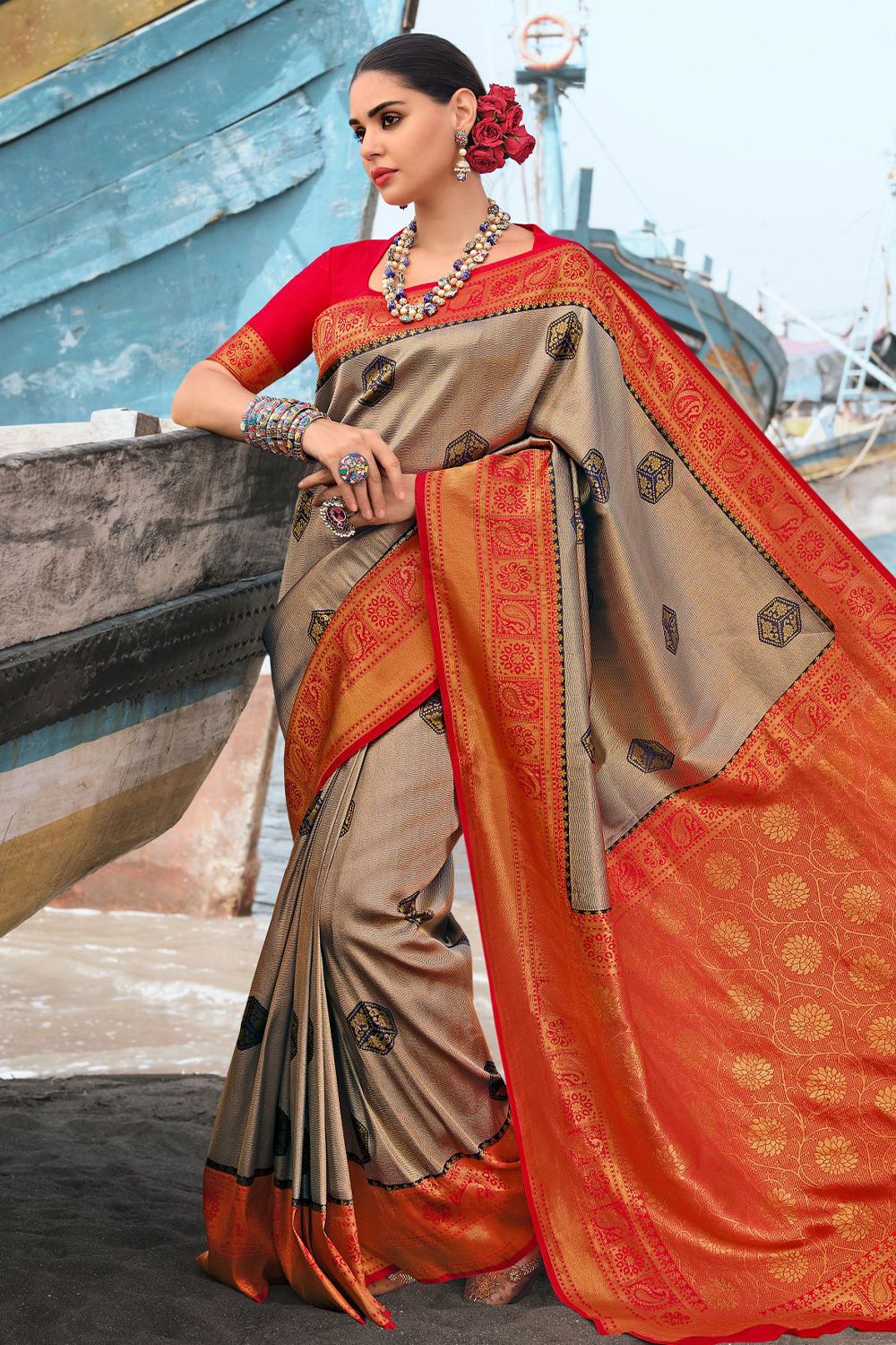 Deep Beige Woven Silk Saree With Red Border