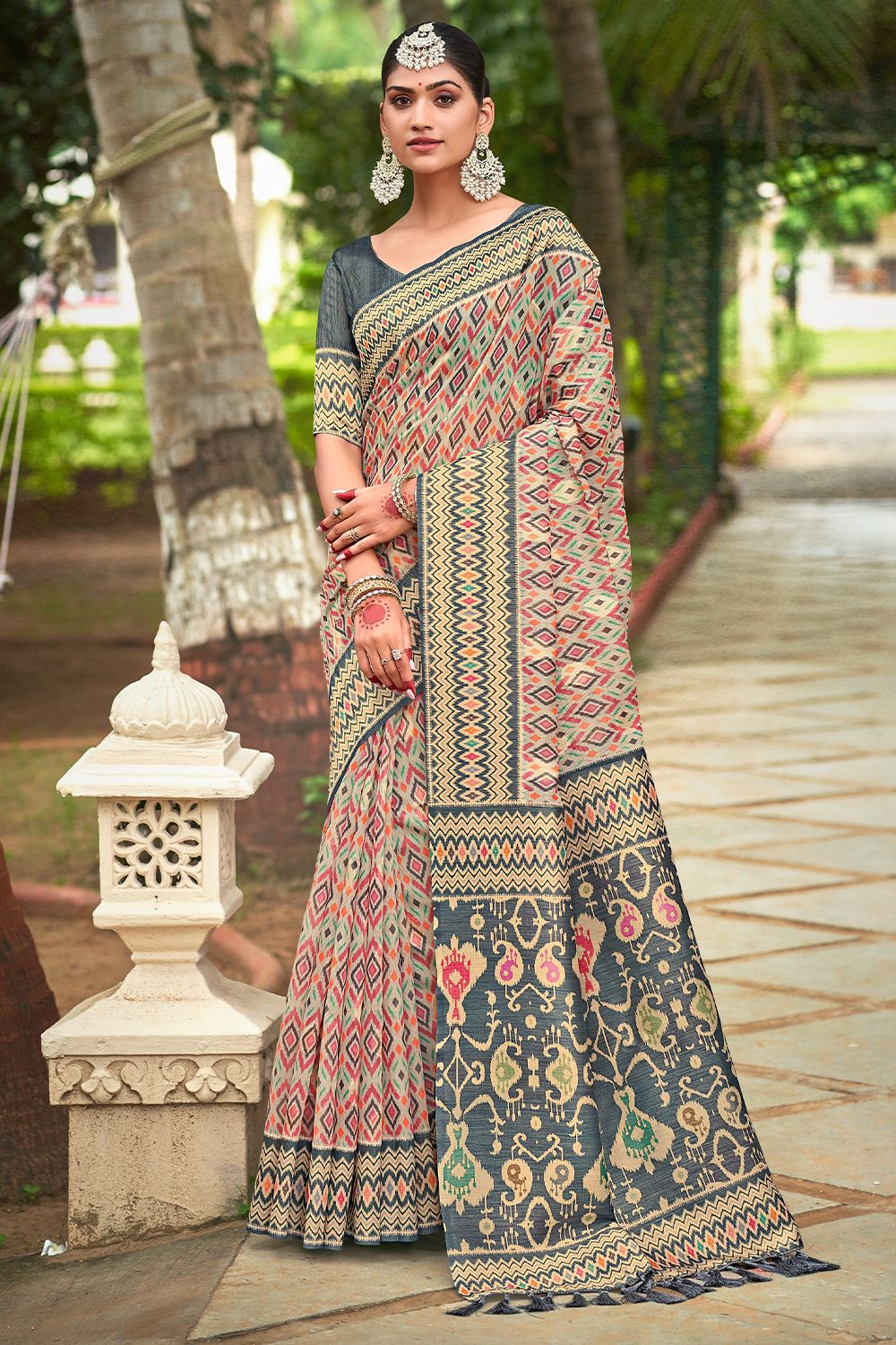Grey Printed Organza Silk Saree