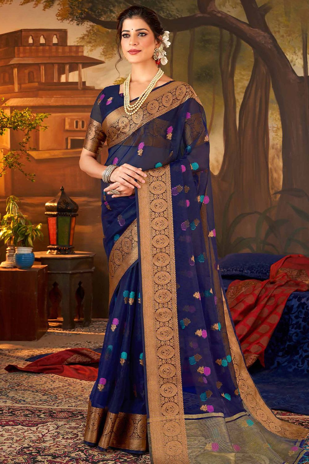 Navy Blue Woven Organza Broad Border Saree