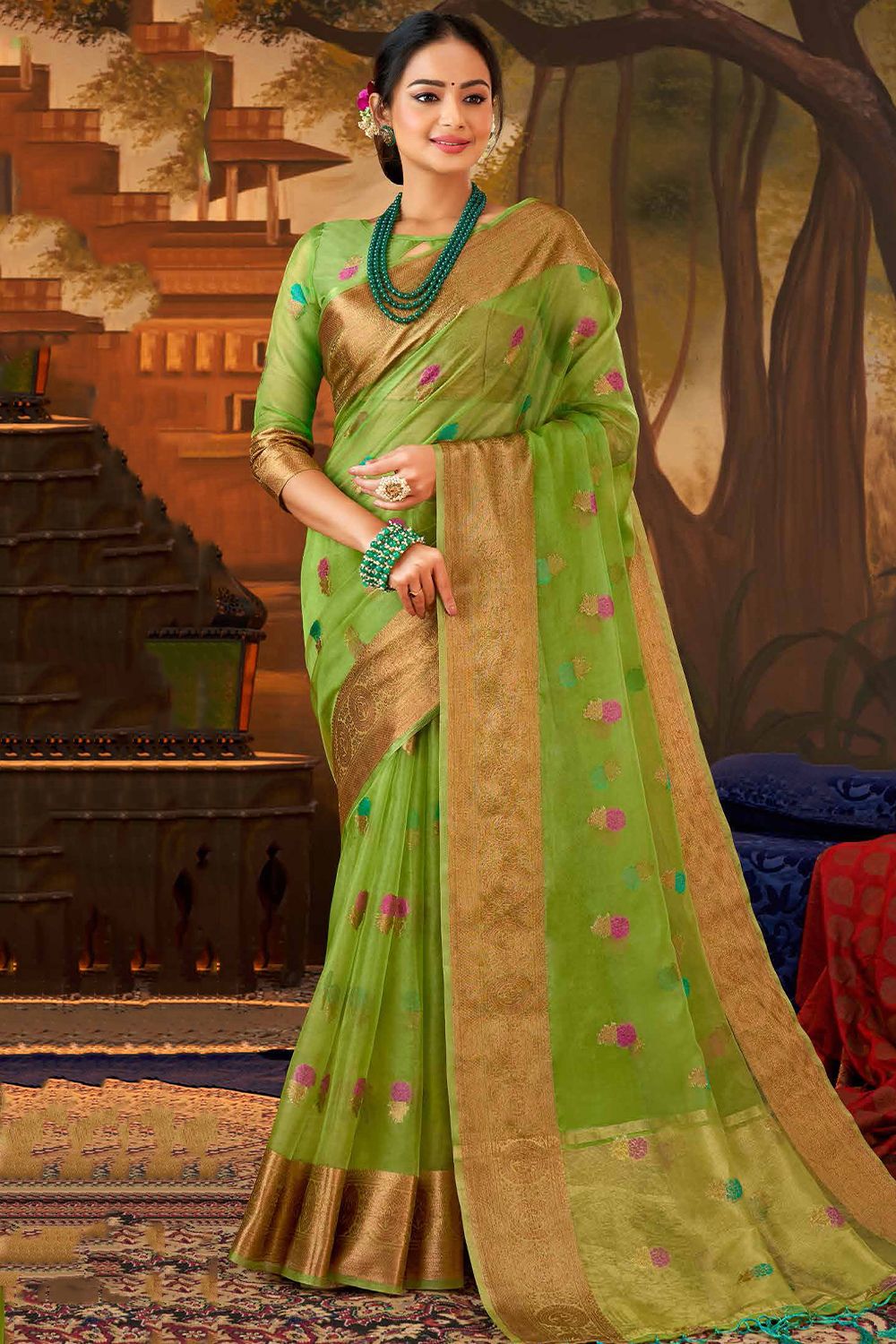 Light Green Woven Organza Broad Border Saree