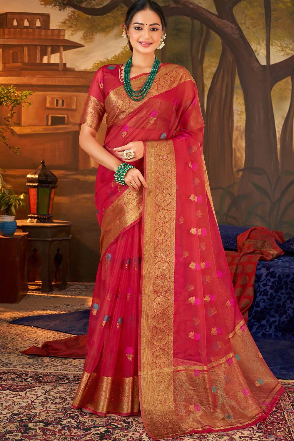 Tomato Red Woven Organza Broad Border Saree