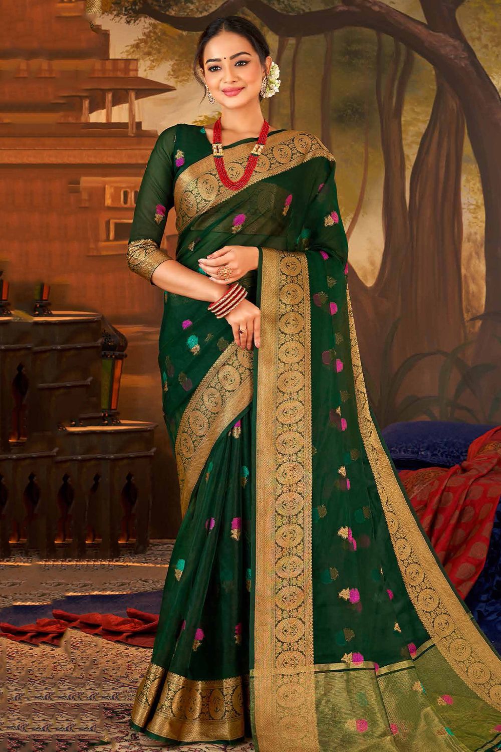 Dark Green Woven Organza Broad Border Saree