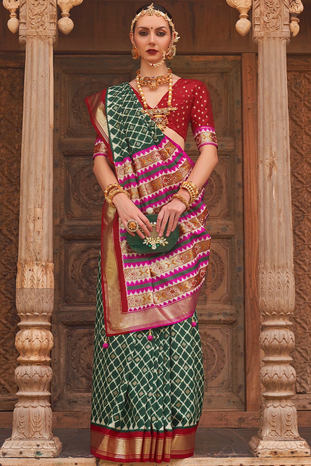 Bottle Green Printed Broad Border Silk Saree