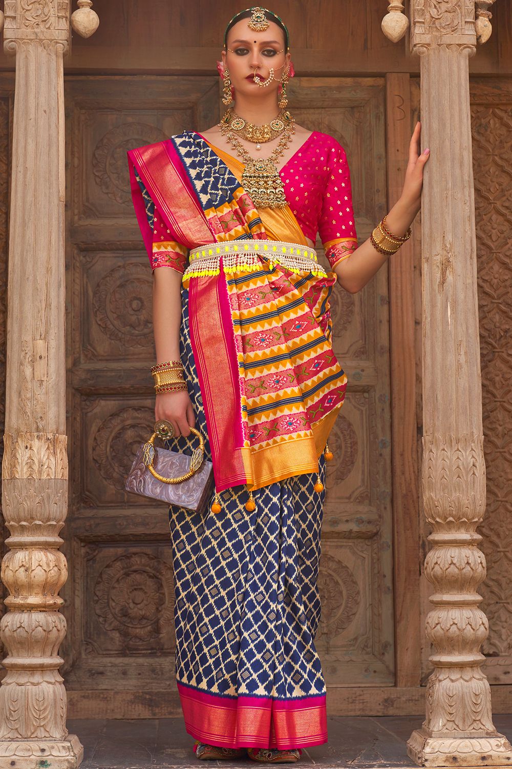 Navy Blue Printed Broad Border Silk Saree