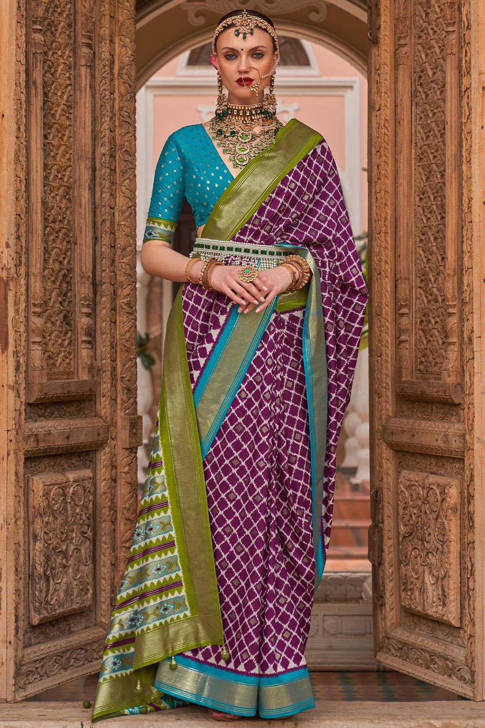 Plum Purple Printed Broad Border Silk Saree