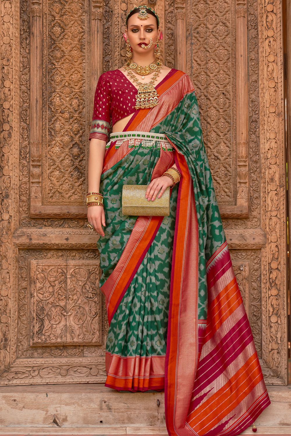 Dark Green Printed Broad Border Silk Saree