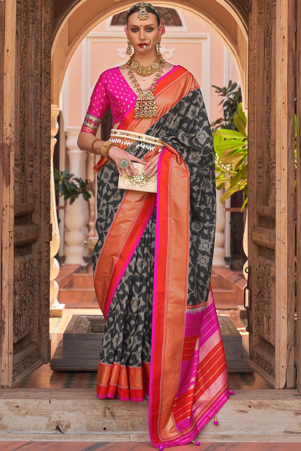 Dark Grey Printed Broad Border Silk Saree