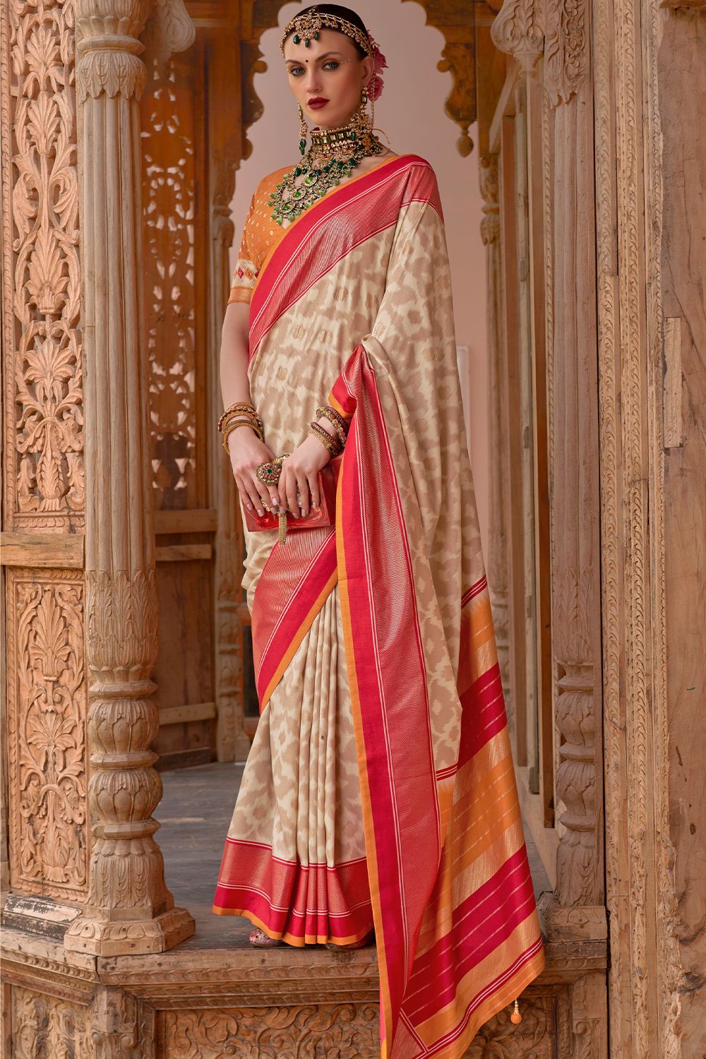 Cream Printed Broad Border Silk Saree