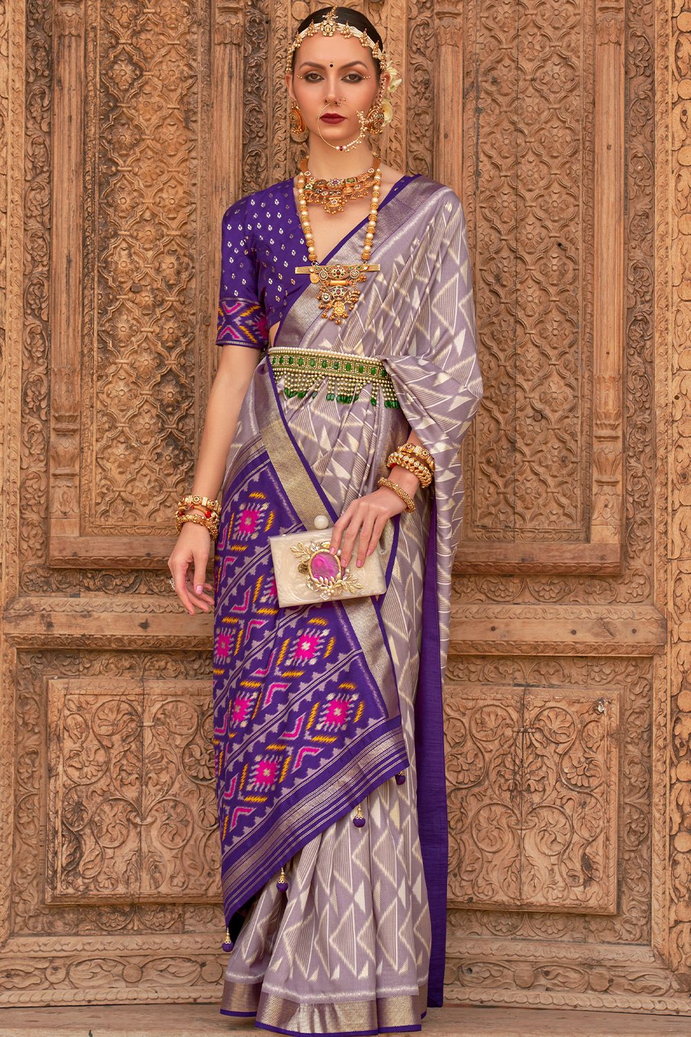 Light Purple Printed Broad Border Silk Saree