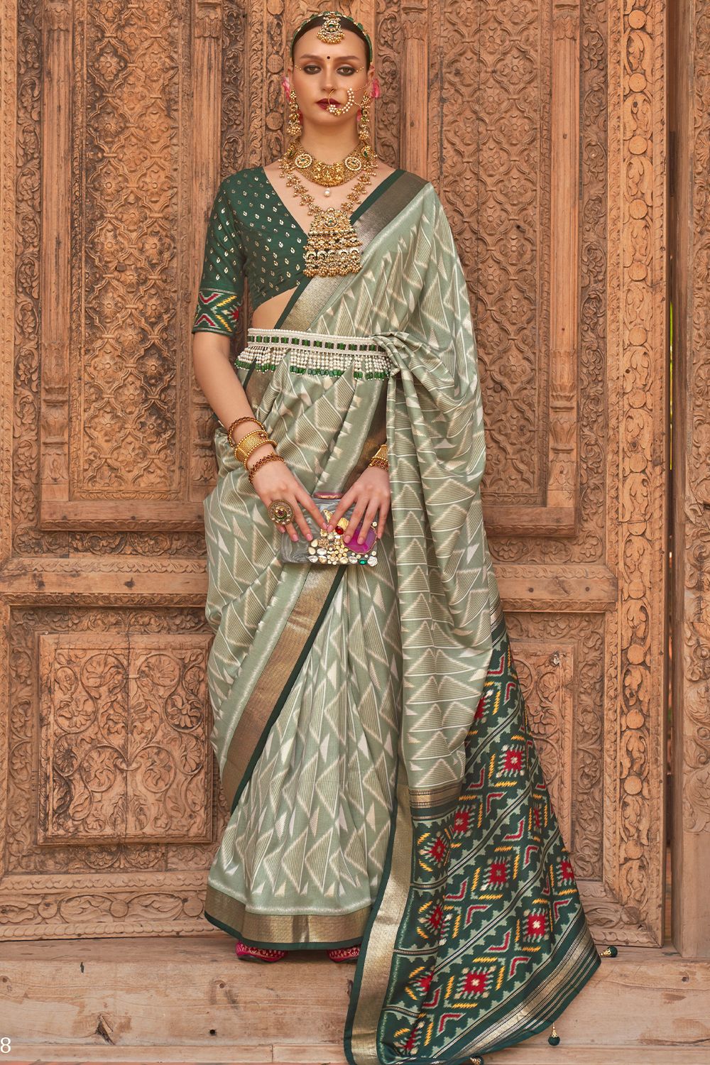 Sea Salt Green Printed Broad Border Silk Saree