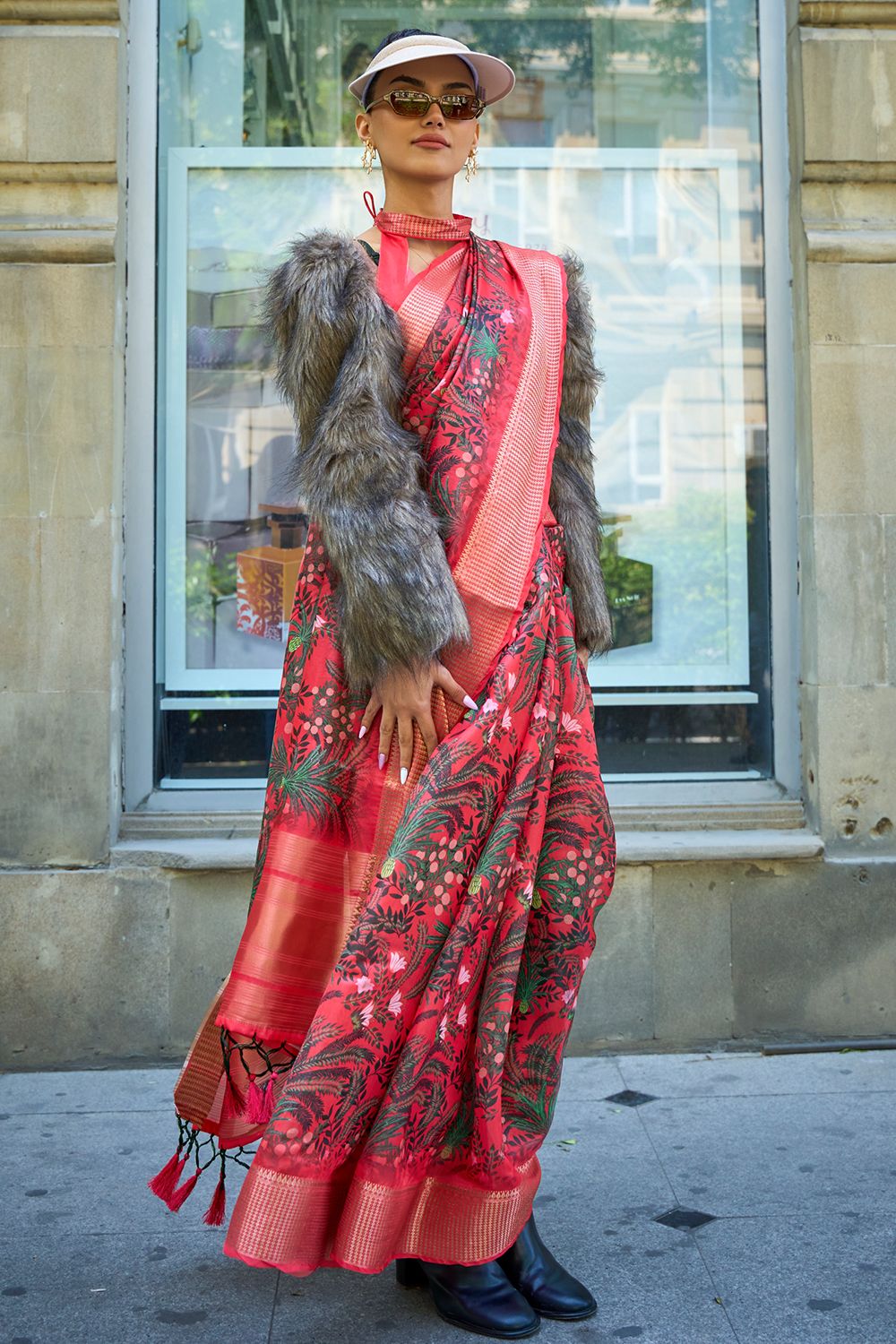 Red Organza Floral Print Saree