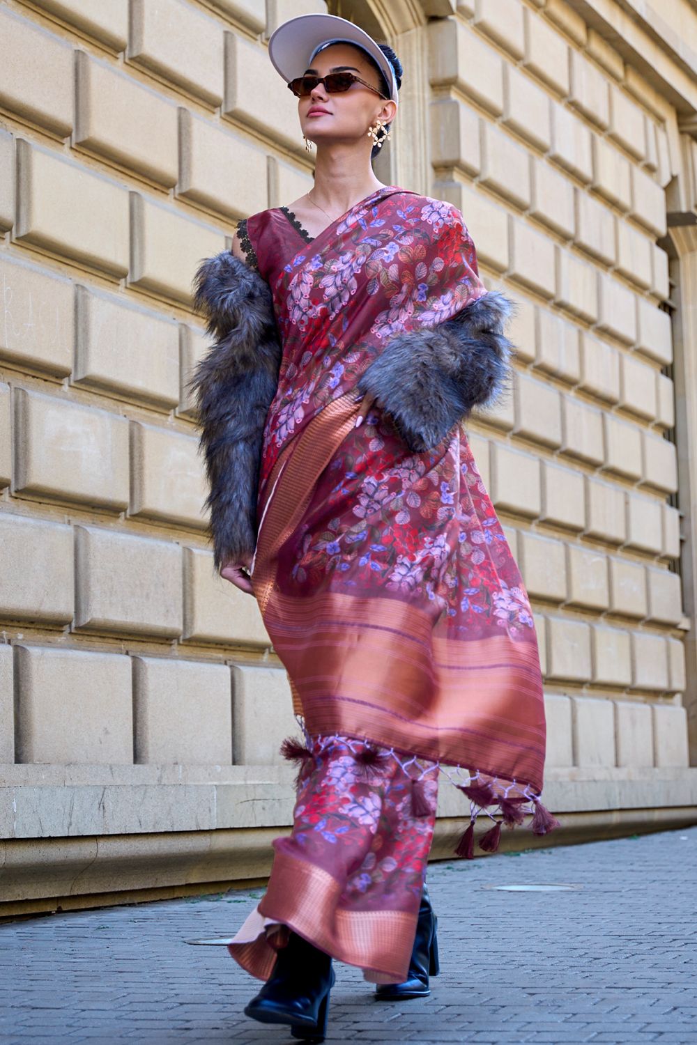 Purple Organza Floral Print Saree
