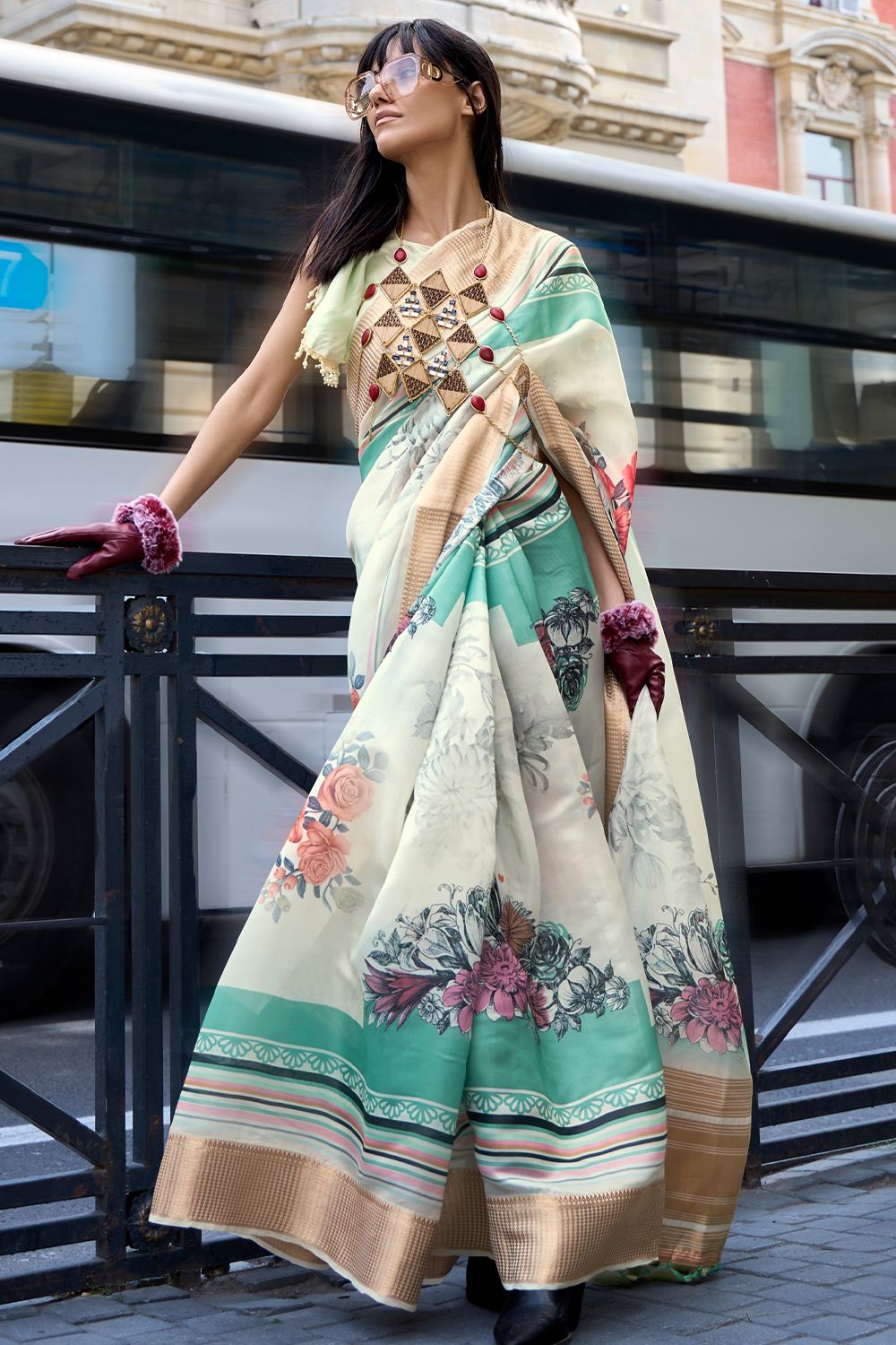 White Organza Floral Print Saree