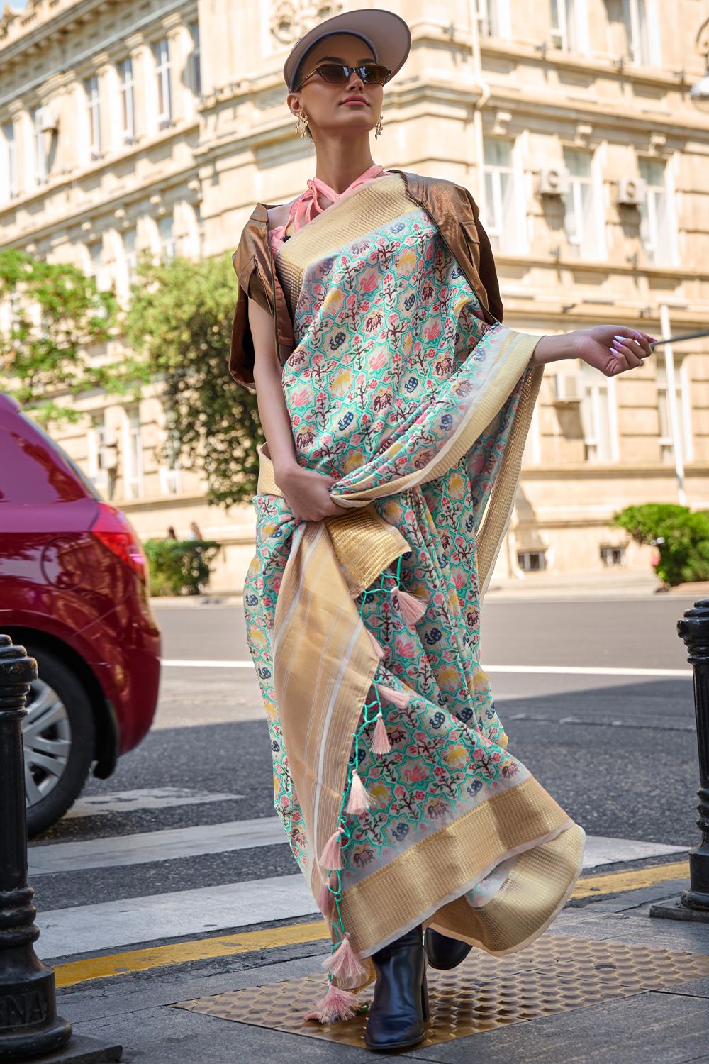 Sea Green Organza Floral Print Saree