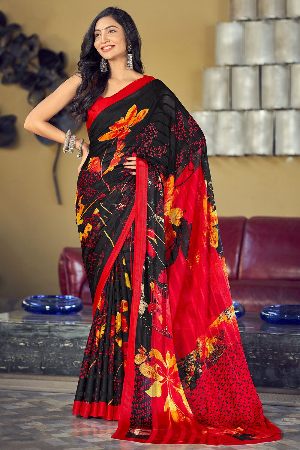 Dark Black Printed Silk Saree