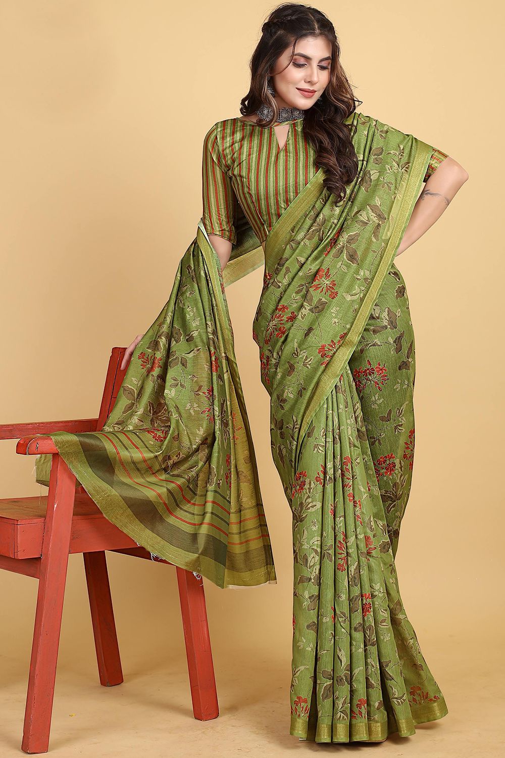 Green Floral Printed Chinnon Saree