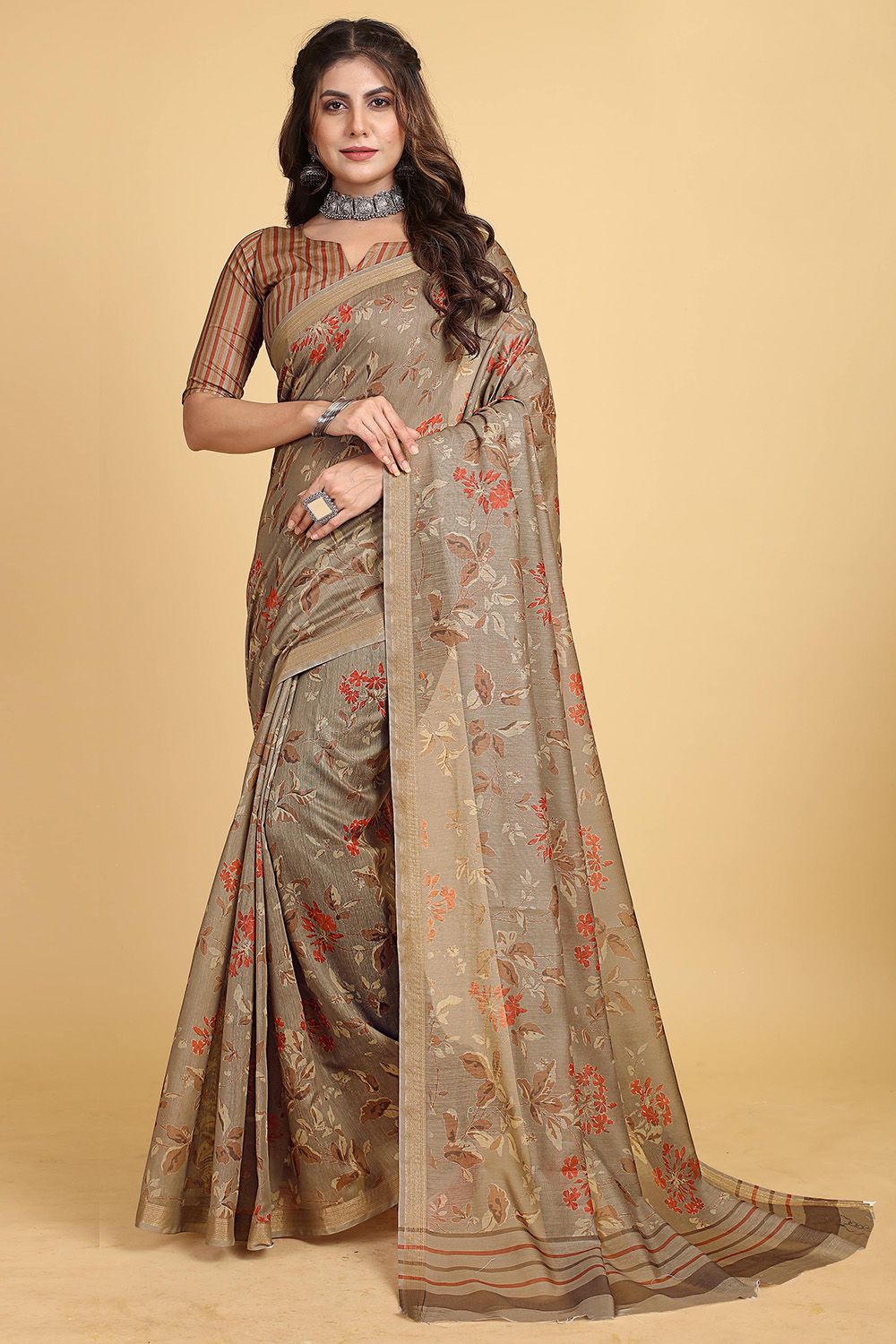 Brown Floral Printed Chinnon Saree