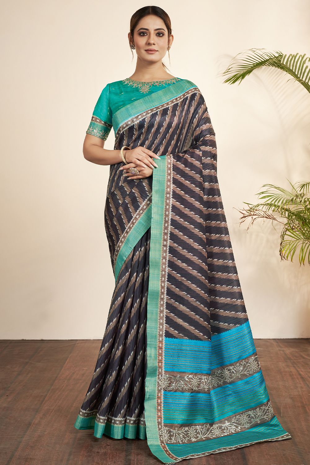 Charcoal Grey Printed Silk Saree