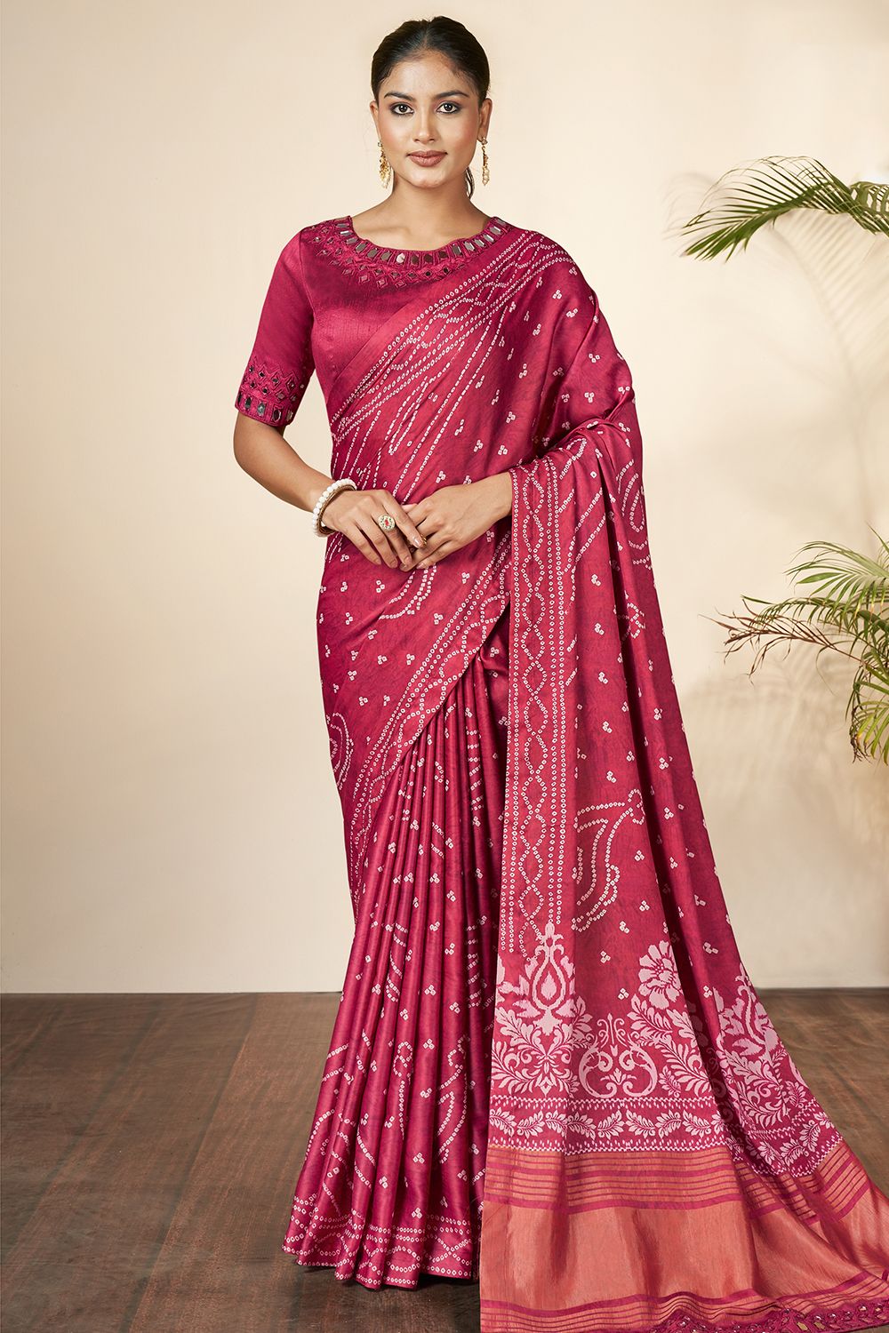 Ruby Pink Printed Silk Saree