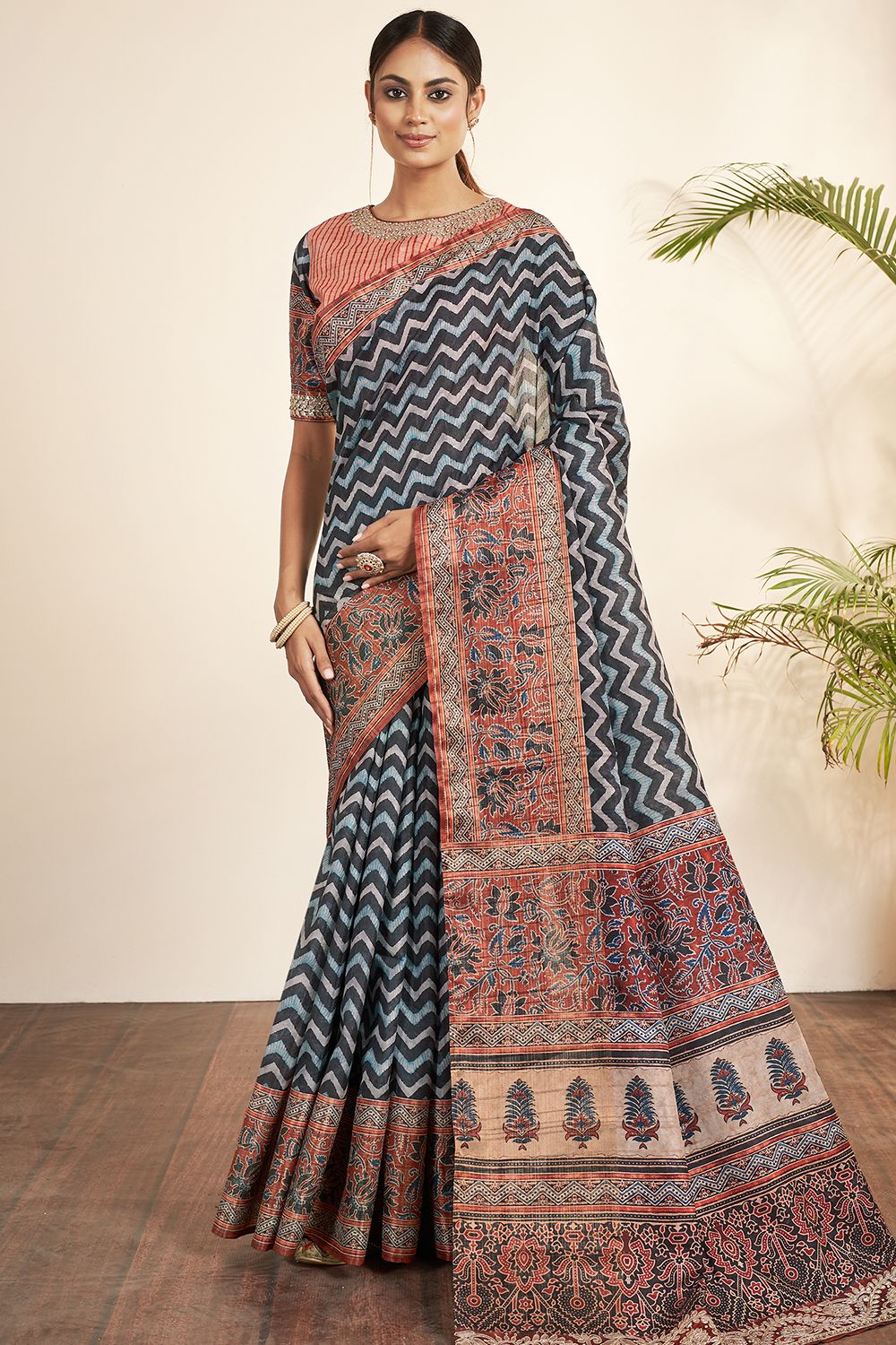 Blue Stripe Printed Silk Saree