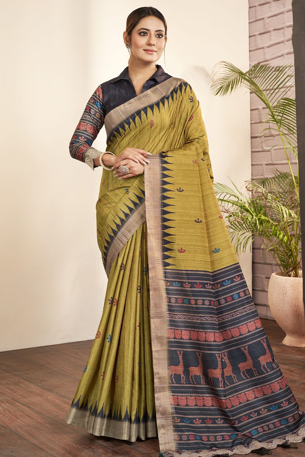 Olive Green Printed Silk Saree