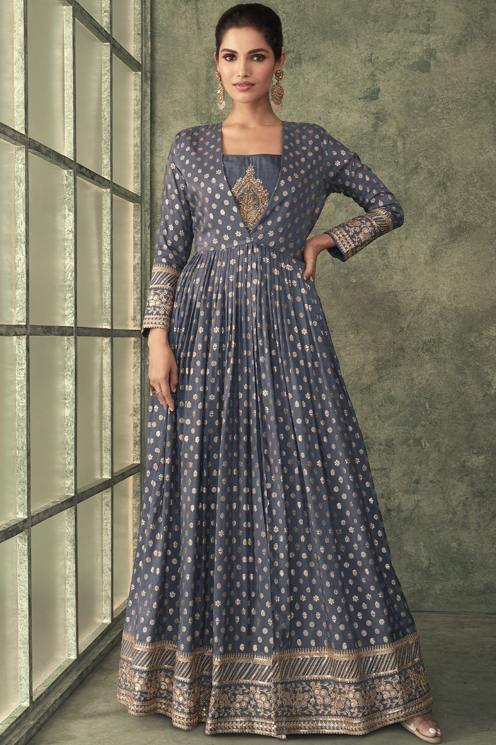 Grey Viscose Foil Print Anarkali Suit With Embroidery