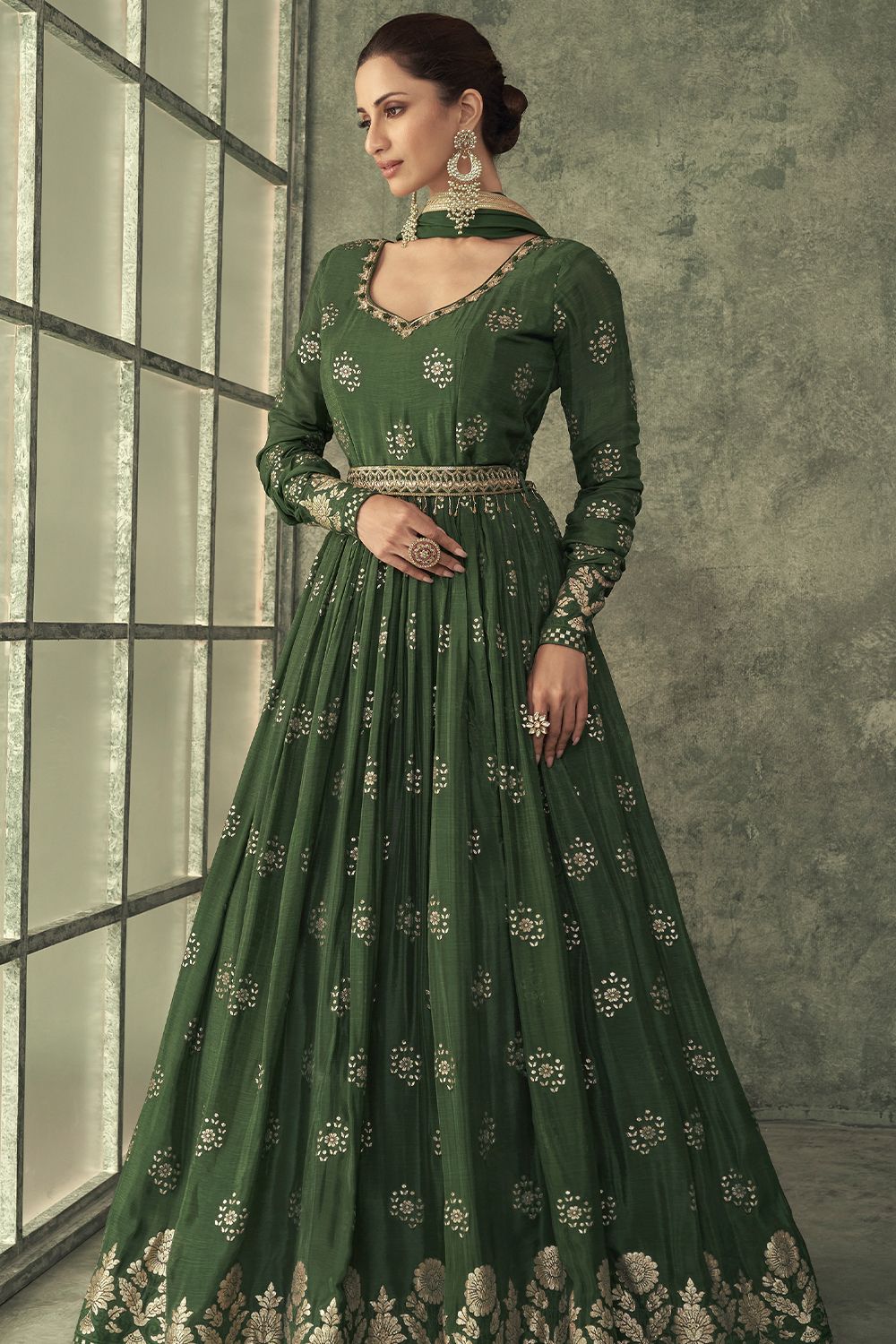 Oilve Green Viscose Foil Print Anarkali Suit With Embroidery and Belt