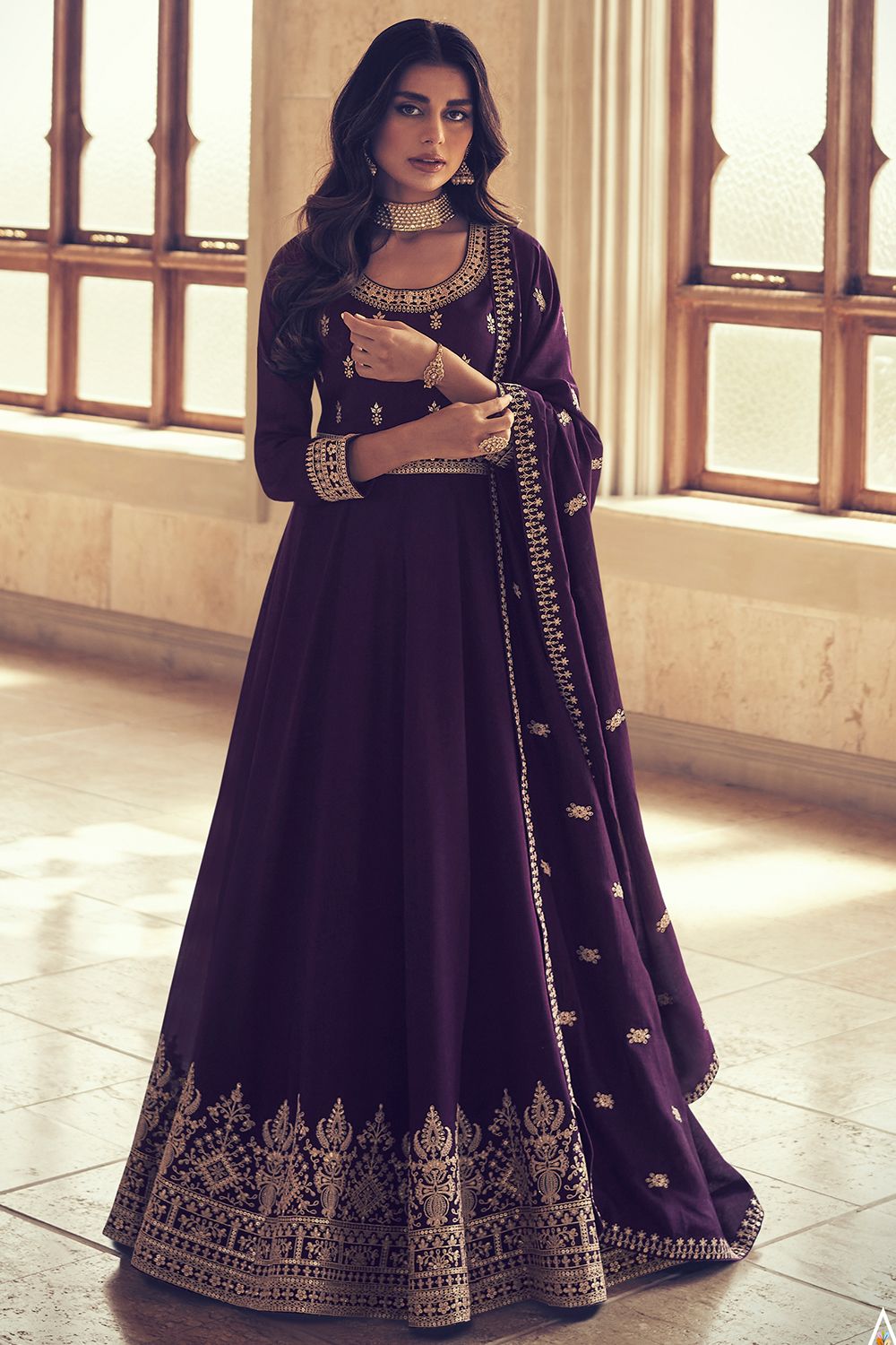 Purple Silk Embroidered Anarkali Suit with Sequins