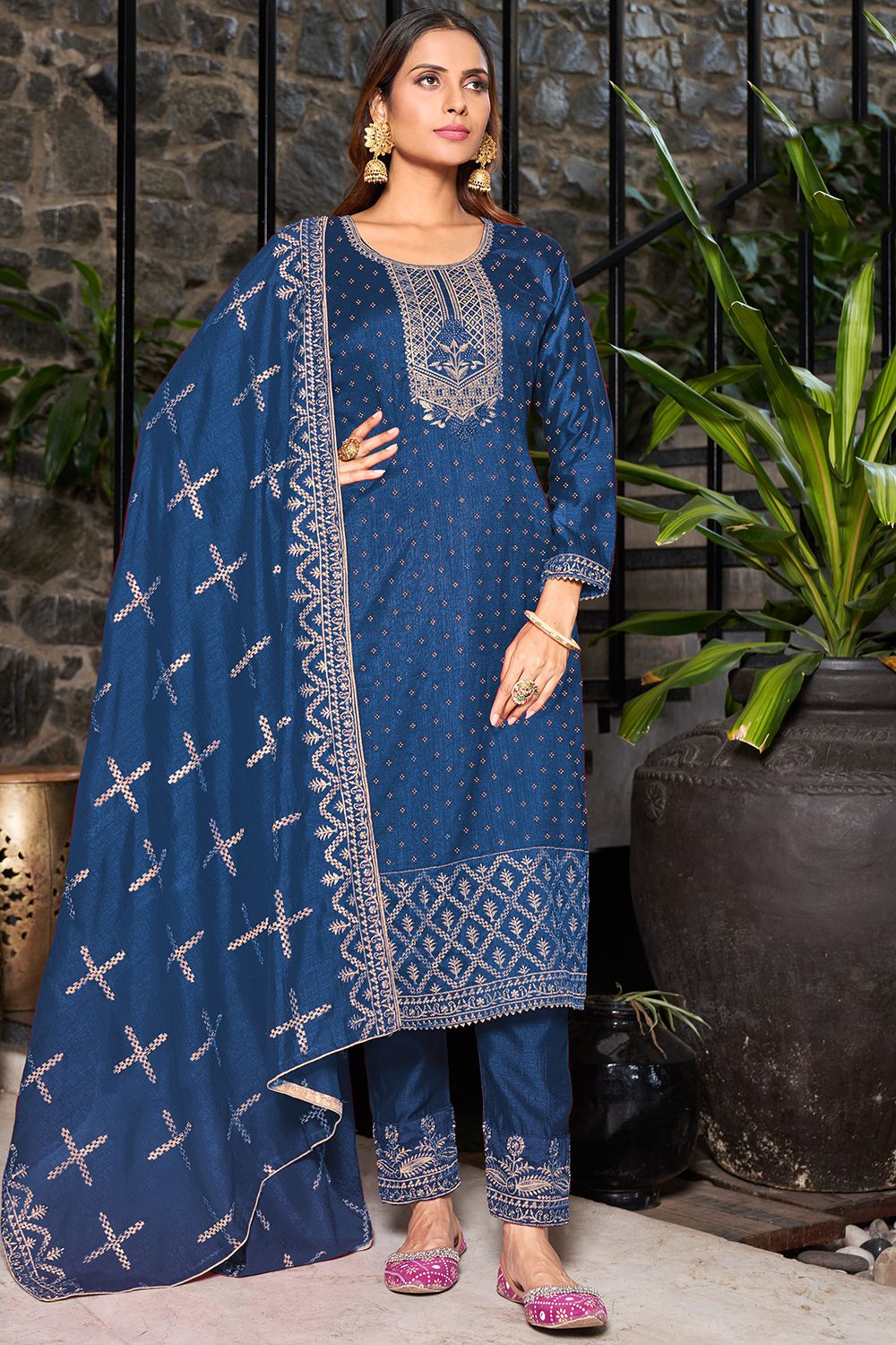 Blue Rayon Heavy Zari Embroidery Kurta Set