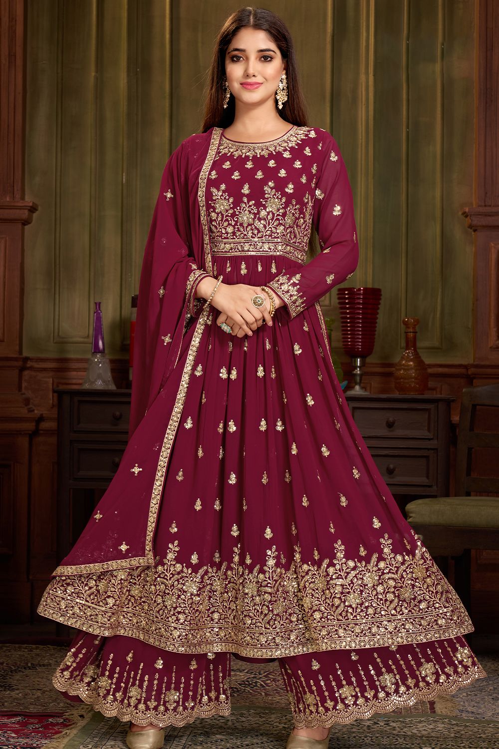 Burgundy Georgette Embroidered Salwar Kameez Suit
