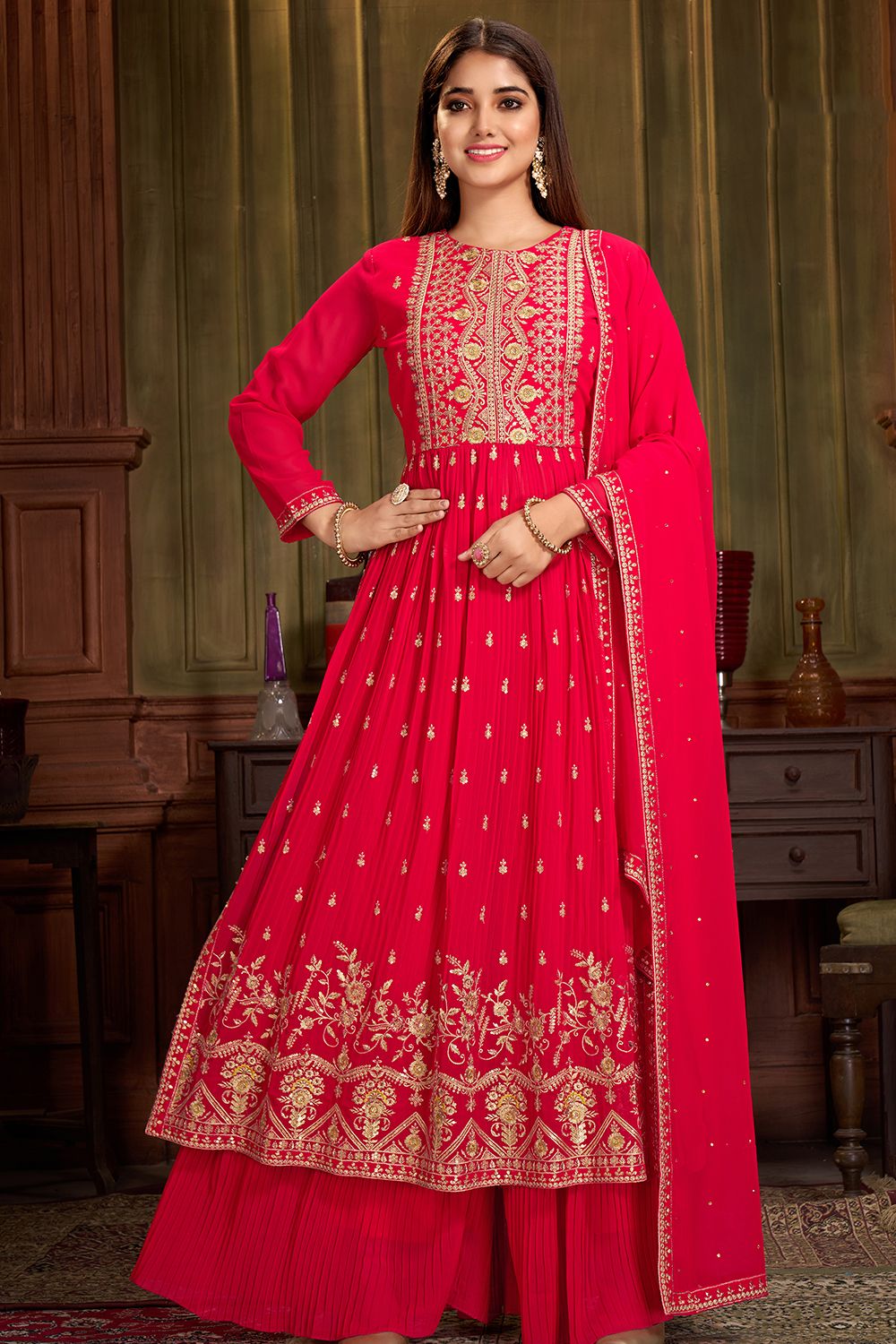 Bright Red Georgette Embroidered Salwar Kameez Suit