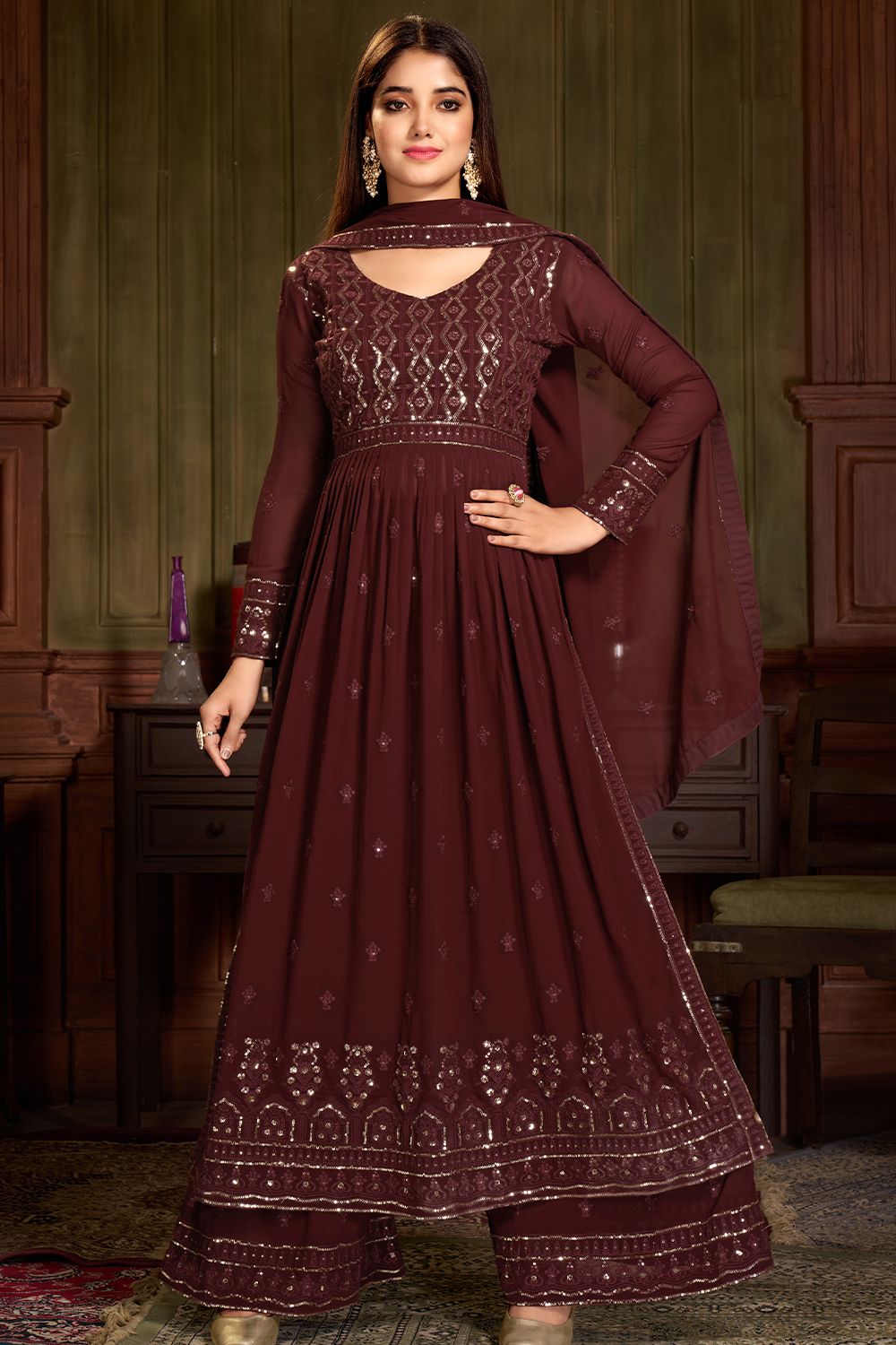 Maroon Georgette Embroidered Salwar Kameez Suit