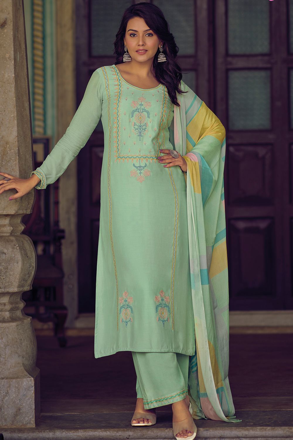 Mint Green Muslin Embroidered Salwar Kameez