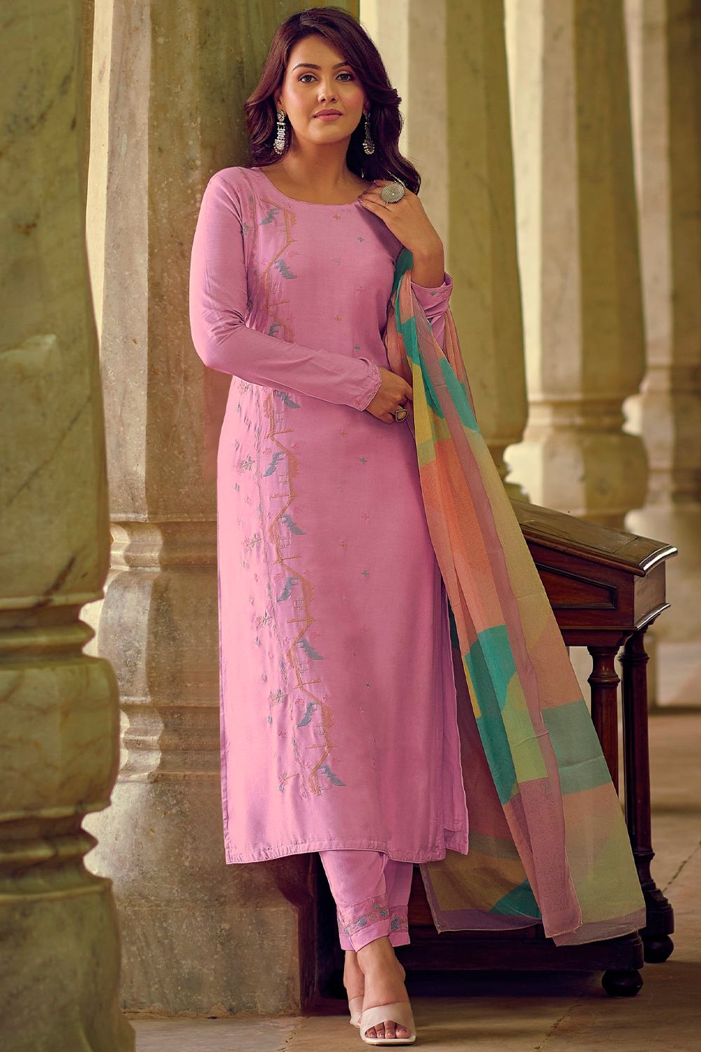 Pink Muslin Embroidered Salwar Kameez