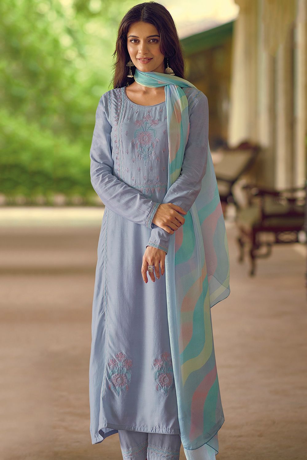 Pastel Blue Muslin Embroidered Salwar Kameez