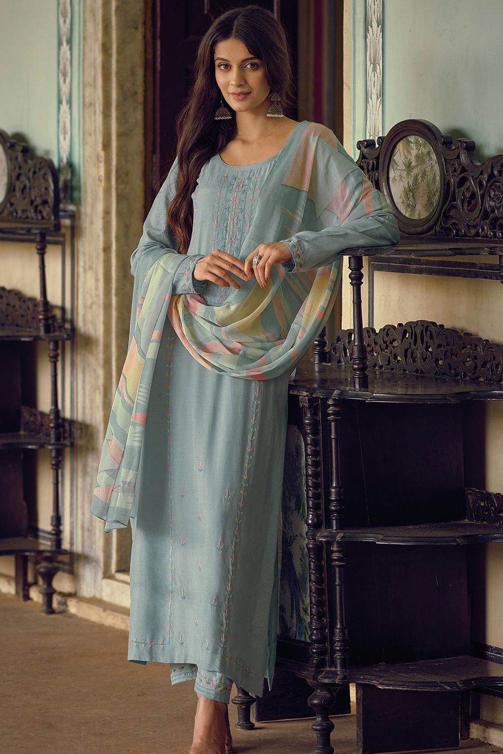 Blue Muslin Embroidered Salwar Kameez