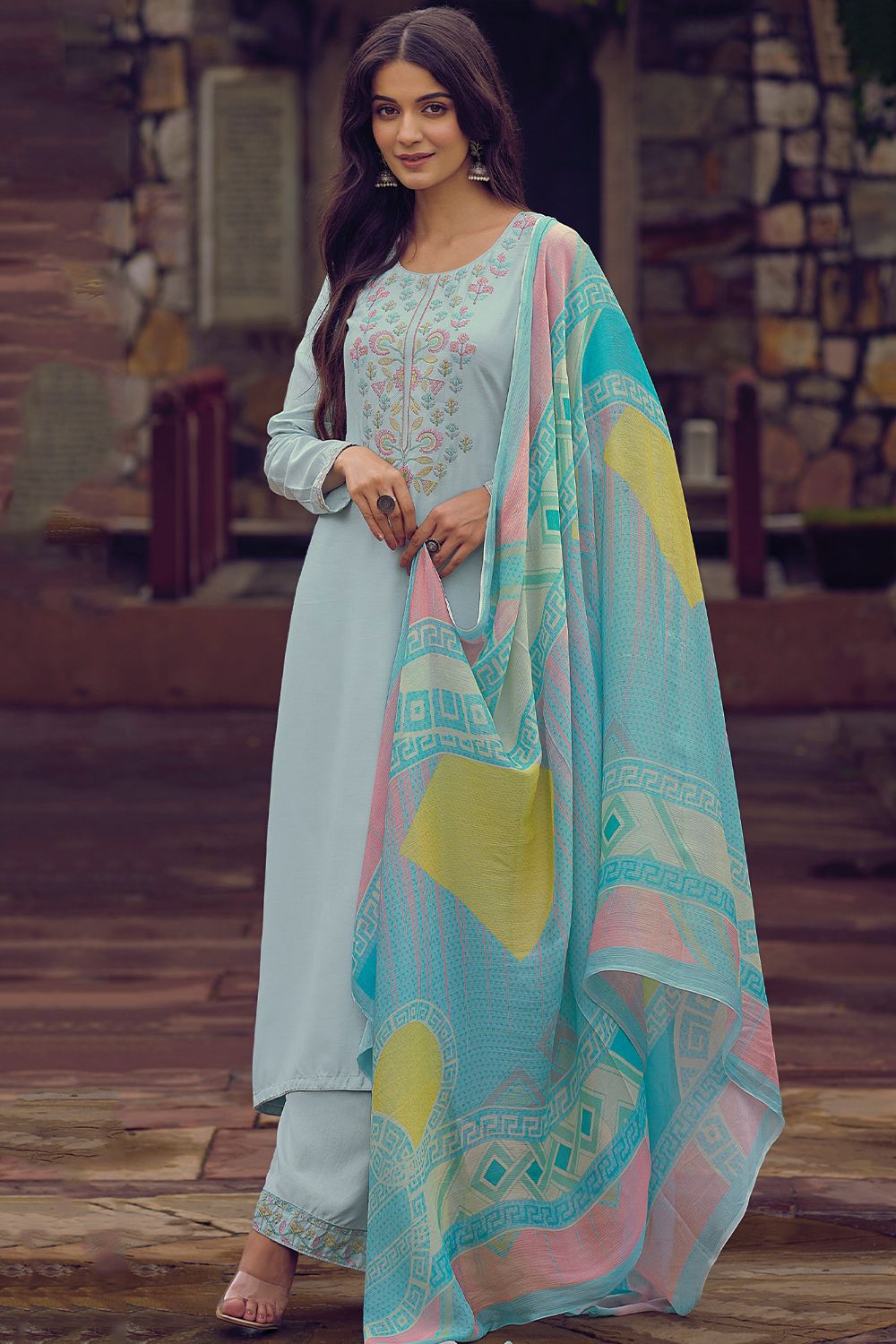 Sky Blue Muslin Embroidered Salwar Kameez