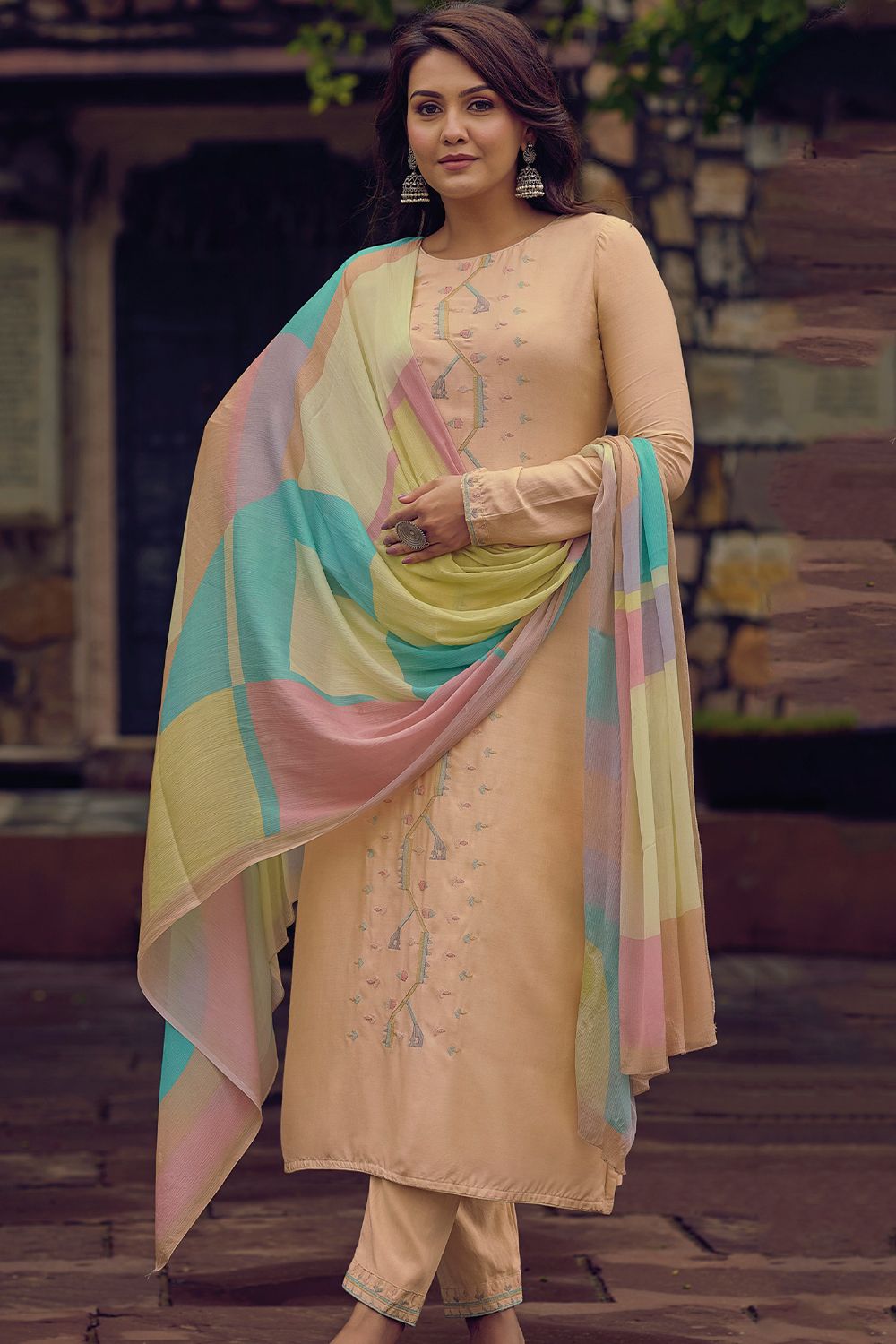 Peach Muslin Embroidered Salwar Kameez