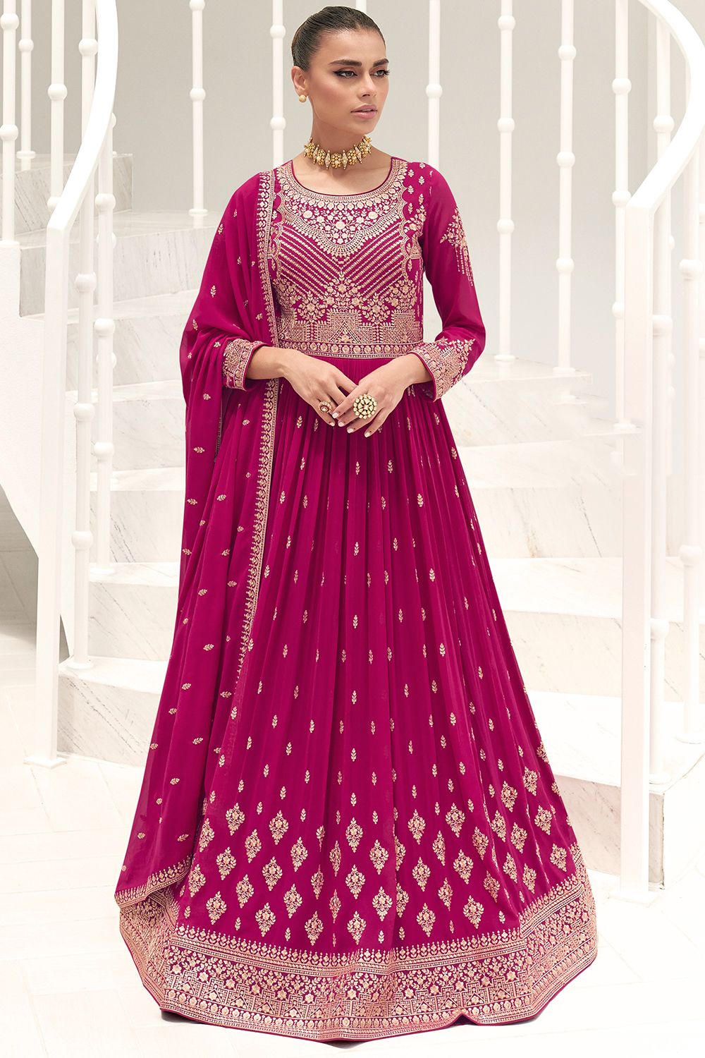 Magenta Pink Silk Embroidered Anarkali Suit 